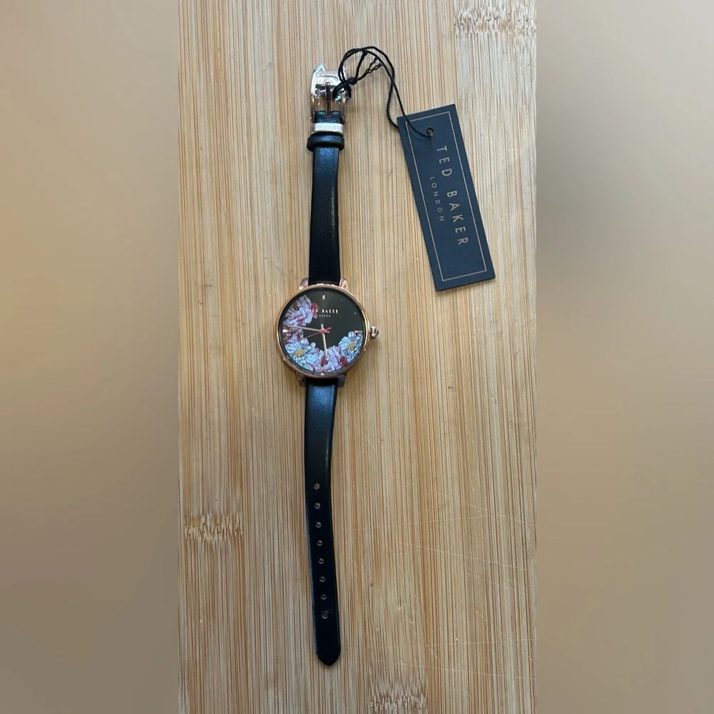 TED BAKER KATE WATCH WITH 32 BLACK FLORAL FACE & BLACK LEATHER BAND
